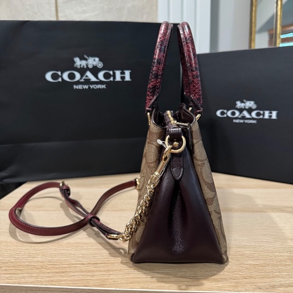 Coach Mini Sage Carryall Satchel Crossbody Bag Brown/Red Signature Canvas F84623 - Picture 2 of 13